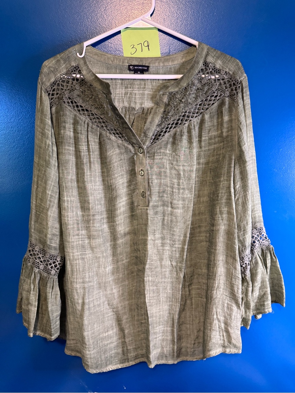 new directions Olive Crochet-Trim Henley Tunic
